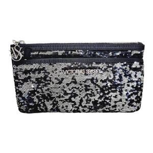 Victoria Secret Sequin Clutch Purse Black Silver Double Zip Pockets Sparkly Glam